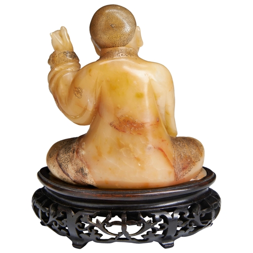 126 - A FINE CARVED SOAPSTONE FIGURE OF A LUOHANQIANLONG PERIOD (1736-1795)寿山石罗汉雕 清 乾隆1736-1795the figure ... 