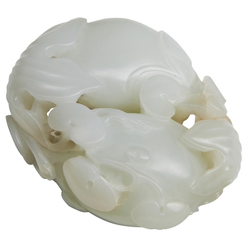 127 - A WHITE JADE 'CATFISH' GROUPQING DYNASTY, 19TH CENTURY 白玉‘莲鲇有余’ 清 十九世纪 formed as two fish forming a ... 