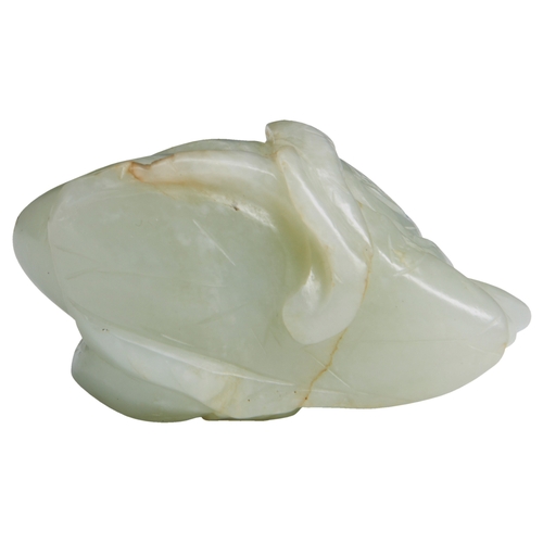129 - A CARVED WHITE JADE 'MANDARIN DUCK' GROUPQING DYNASTY, 18TH CENTURY鸳鸯衔荷花 清 十八世纪carved as two conjoin... 