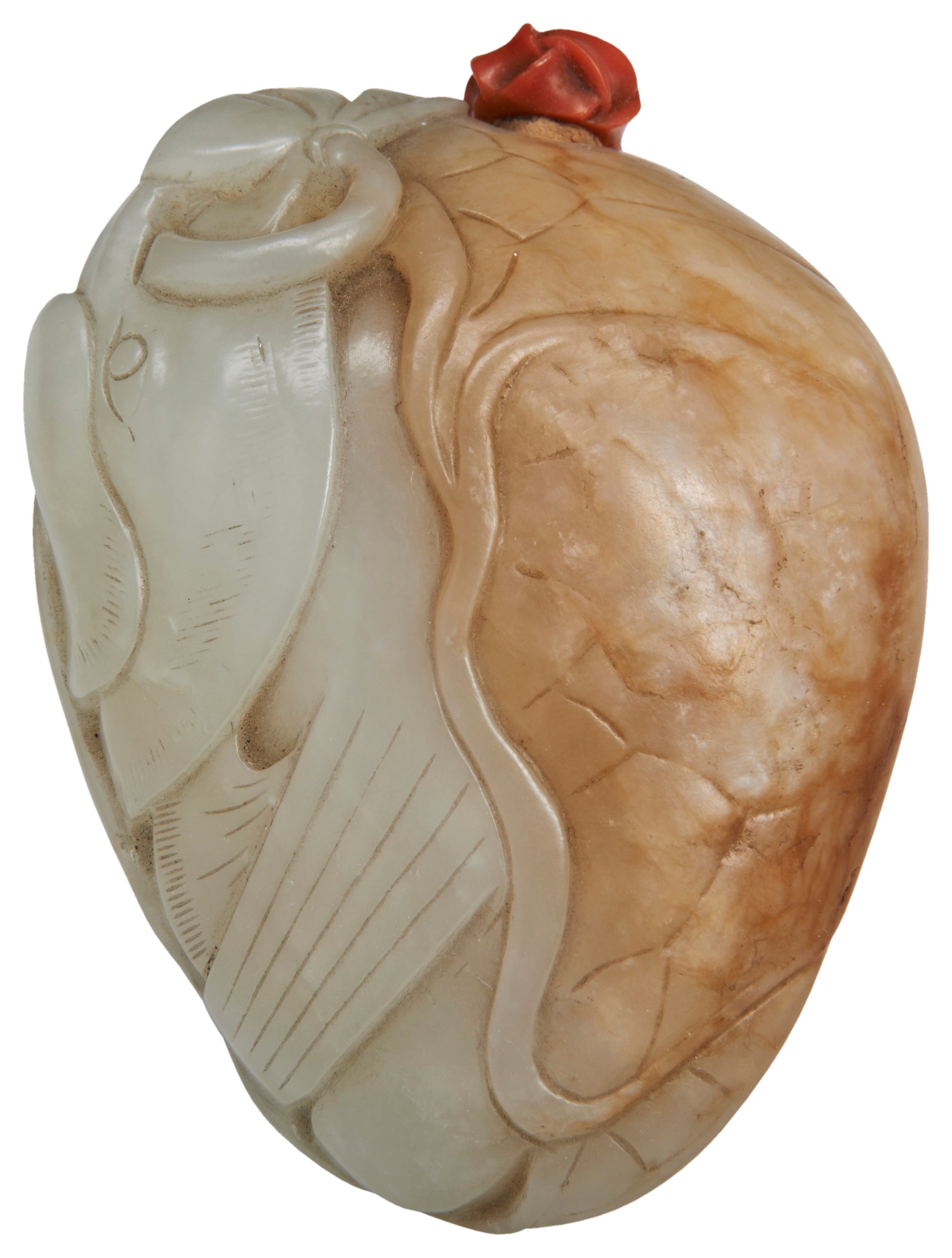 A PALE-GREEN JADE 'DUCK AND LOTUS' SNUFF BOTTLE QIANLONG PERIOD