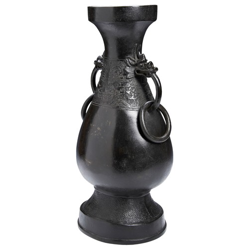 146 - CHINESE BRONZE LARGE VASE OF HU FORM,YUAN DYNASTY (1279-1368)双龙耳铜壶 元 1279-1368the pear shaped body d... 