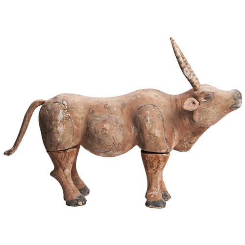 162 - A RARE AND IMPORTANT PAINTED WOOD OXHAN DYNASTY (206BC-220AD)木雕牛 汉代45cm long x 23cm high (approx)PRO... 