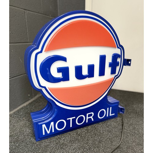 114 - AN ILLUMINATED DOUBLE-SIDED GULF OIL FORECOURT SIGNMeasuring 55.5 x 60 x 16cm.