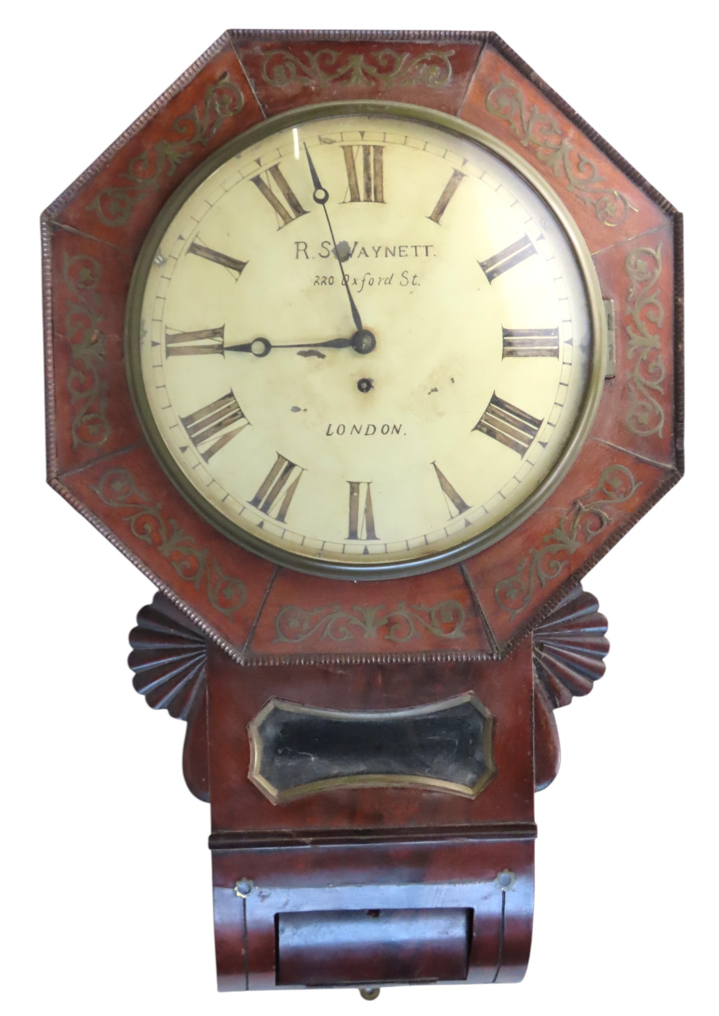 A 19TH CENTURY MAHOGANY DROP CASE FUSEE WALL CLOCKthe octagonal form ...