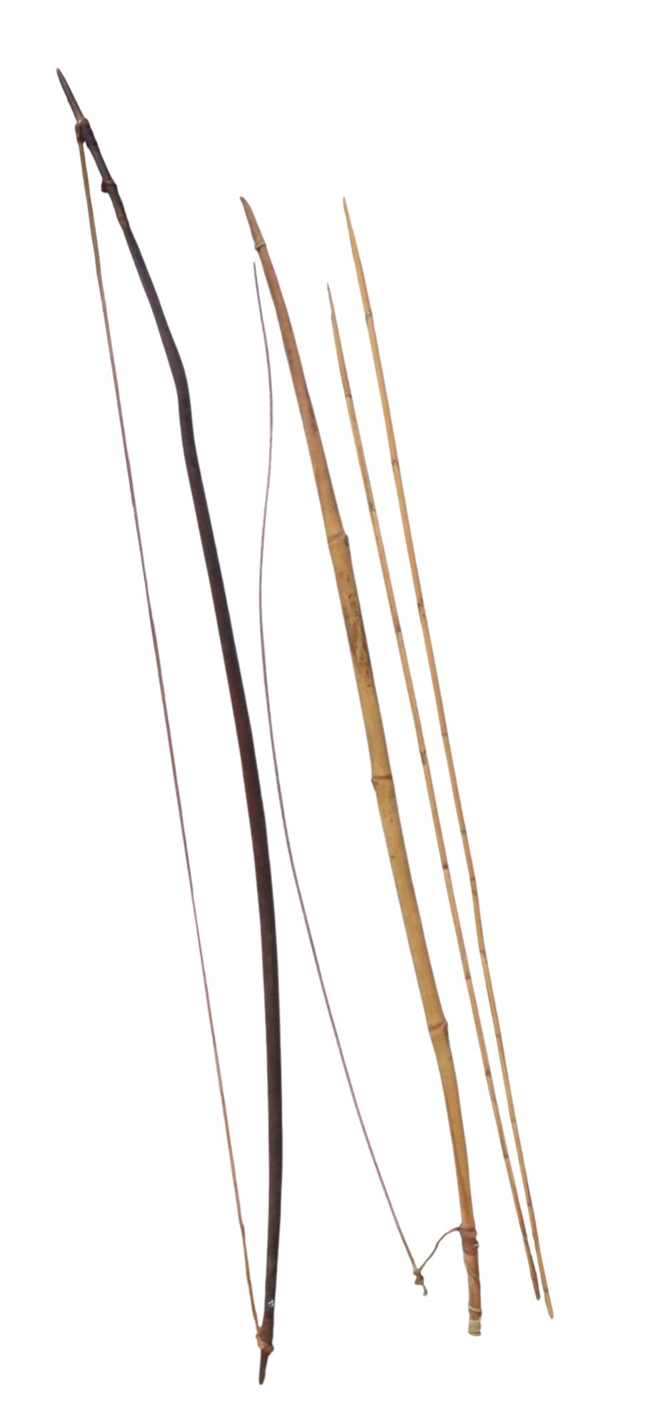 A DANI BOW, WOOD WITH ORCHID FIBRE AND REED and a bamboo bow with two ...