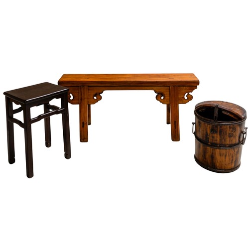 407 - A CHINESE ELM BENCHQing Dynasty, 19th Century108cm x 49cm high together with a Chinese Elm bucket an... 