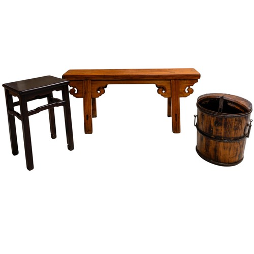 407 - A CHINESE ELM BENCHQing Dynasty, 19th Century108cm x 49cm high together with a Chinese Elm bucket an... 
