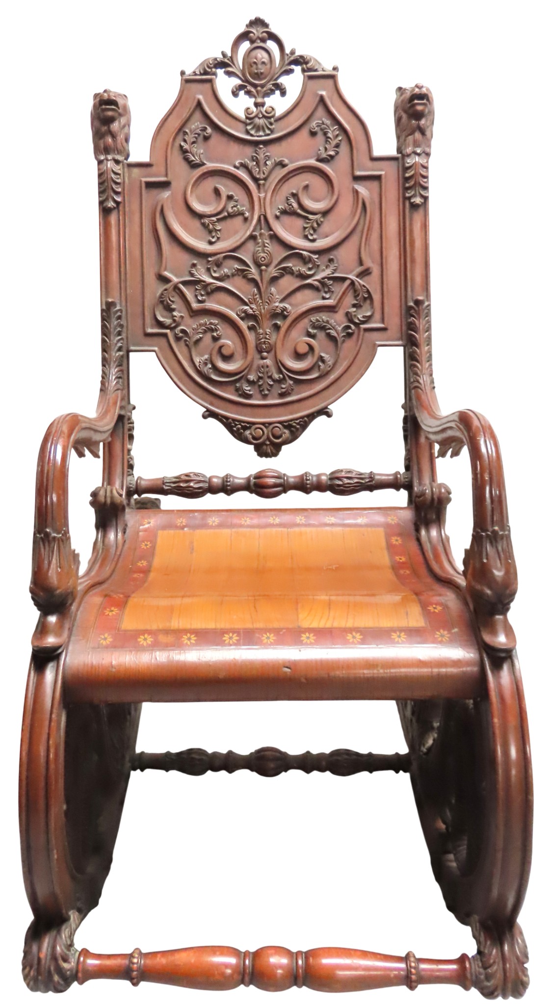 AN IMPRESSIVE CONTINENTAL CARVED AND INLAID ROCKING CHAIRLATE 19TH ...