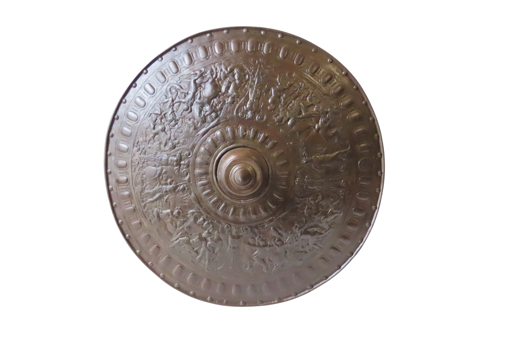 A CAST IRON REPLICA CELLINI SHIELD decorated with mythological scenes ...
