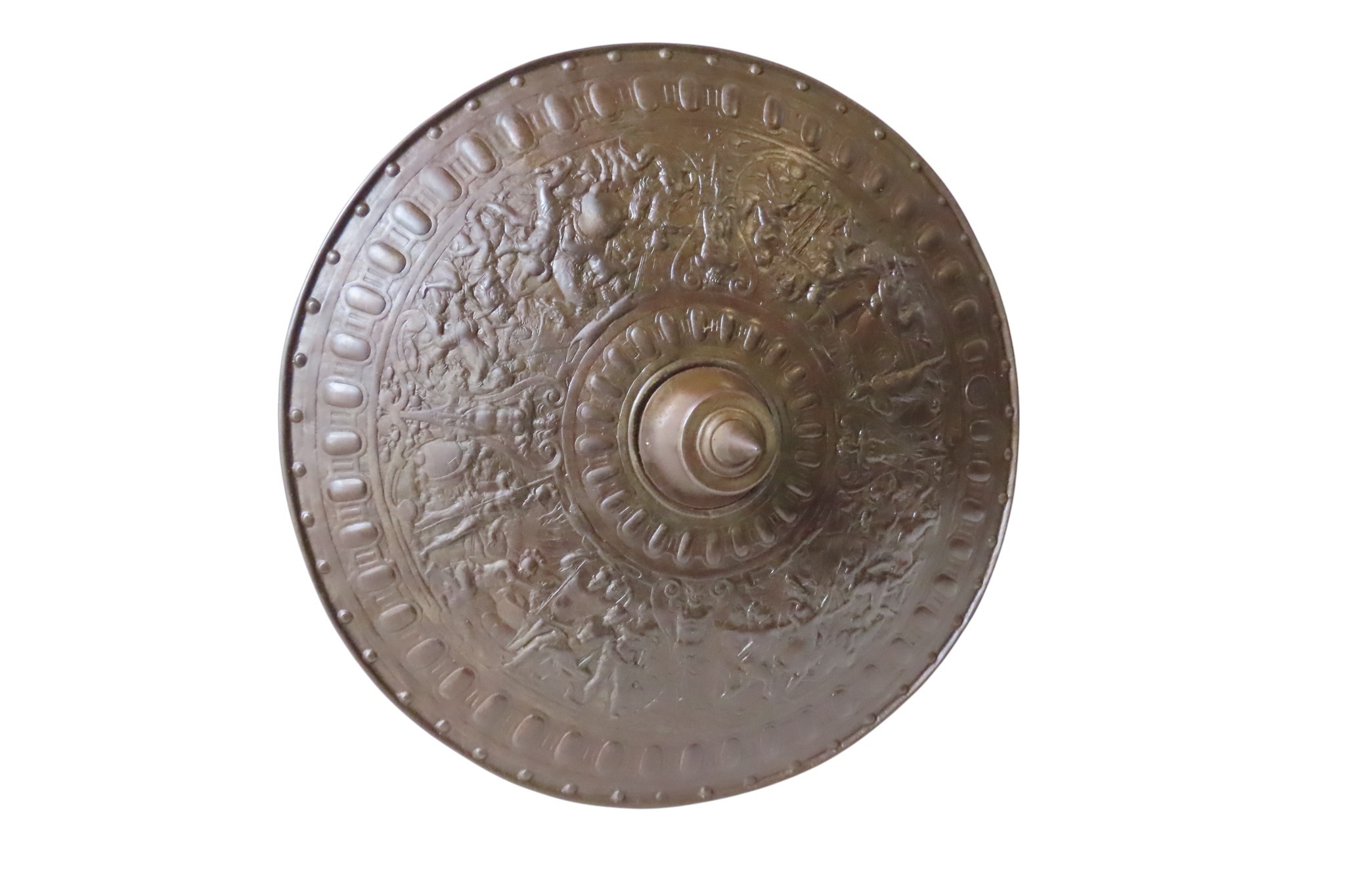 A CAST IRON REPLICA CELLINI SHIELD decorated with mythological scenes ...