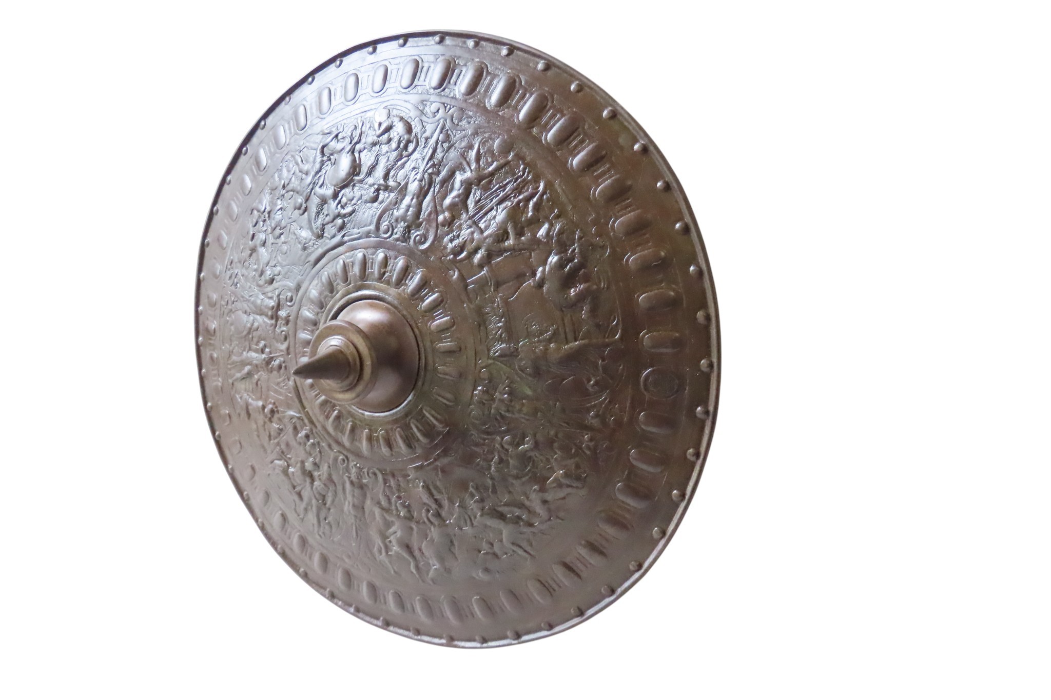A CAST IRON REPLICA CELLINI SHIELD decorated with mythological scenes ...