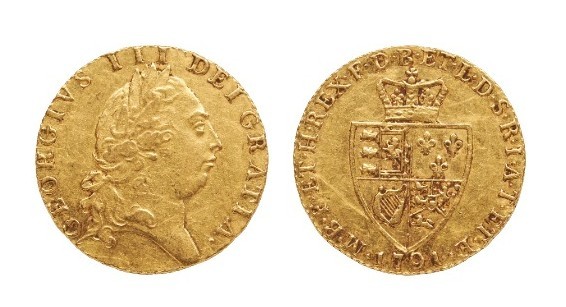 GEORGE III FULL GUINEA GOLD COIN, 1791, shield