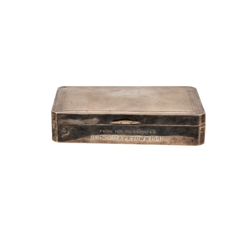 11 - A SILVER CIGARETTE BOXmarks worn, inscription for HMS CAPETOWN, 1941 and two silver cigarette cases.... 