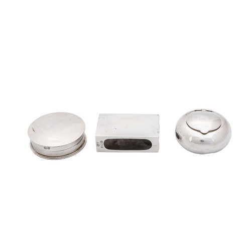 21 - SEVEN SILVER NAPKIN RINGSa pill box, a matchbox sleeve, a personal ashtray and a pair of knife rests... 