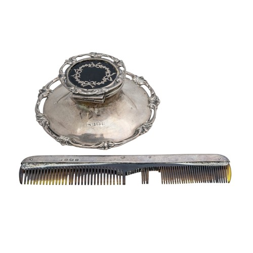 3 - A SILVER AND TORTOISE SHELL PIQUE WORK INKWELLtogether with vintage silver back brushes and comb... 