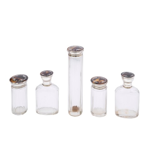 31 - A VINTAGE SILVER & TORTOISESHELL PIQUE WORK DRESSING TABLE SETBIRMINGHAM 1921the set includes a ... 