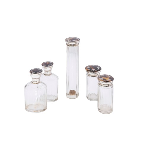 31 - A VINTAGE SILVER & TORTOISESHELL PIQUE WORK DRESSING TABLE SETBIRMINGHAM 1921the set includes a ... 
