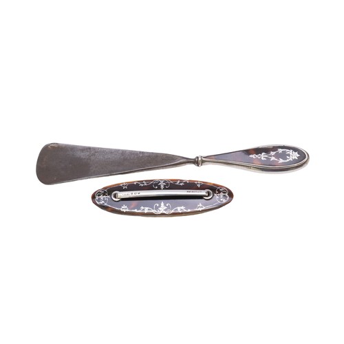 31 - A VINTAGE SILVER & TORTOISESHELL PIQUE WORK DRESSING TABLE SETBIRMINGHAM 1921the set includes a ... 