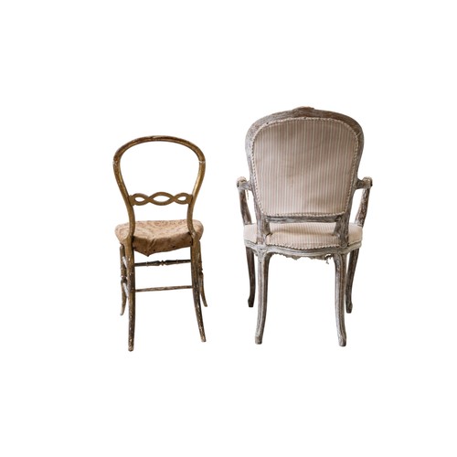51 - A WHITE PAINTED FAUTEIL with striped pink fabric seat and a gilded stretcher bar bedroom chairFautei... 