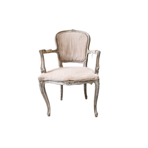 51 - A WHITE PAINTED FAUTEIL with striped pink fabric seat and a gilded stretcher bar bedroom chairFautei... 