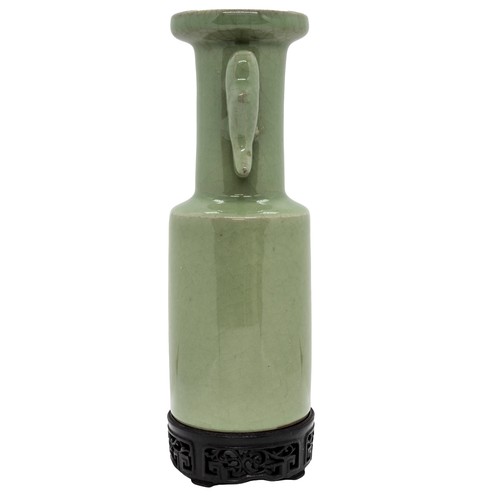 12 - A MING-STYLE 'LONGQUAN' CELADON-GLAZED MALLET VASE19TH / 20TH CENTURYwith carved hardwood stand21cm ... 