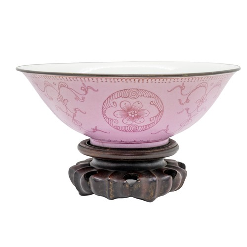 123 - A PINK GROUND 'MEDALLION' BOWL QIANLONG SEAL MARK AND OF THE PERIODtogether with a carved hardwood s... 