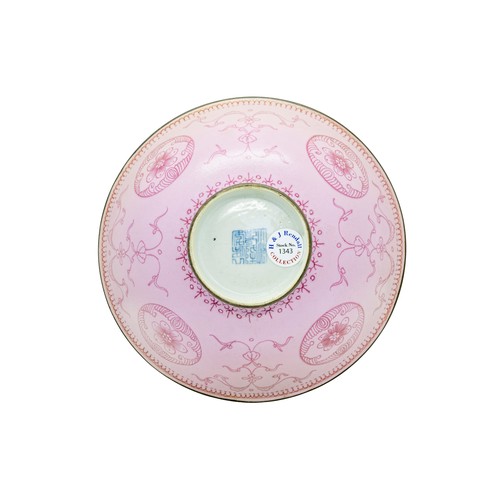 123 - A PINK GROUND 'MEDALLION' BOWL QIANLONG SEAL MARK AND OF THE PERIODtogether with a carved hardwood s... 