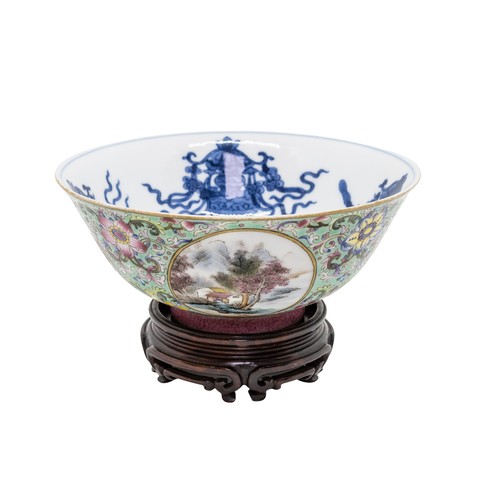 124 - A LIME-GREEN GROUND FAMILLE ROSE AND UNDERGLAZE-BLUE 'MEDALLION' BOWL DAOGUANG MARK, 20TH CENTURYwit... 