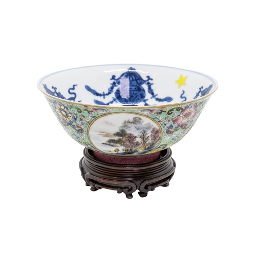 124 - A LIME-GREEN GROUND FAMILLE ROSE AND UNDERGLAZE-BLUE 'MEDALLION' BOWL DAOGUANG MARK, 20TH CENTURYwit... 