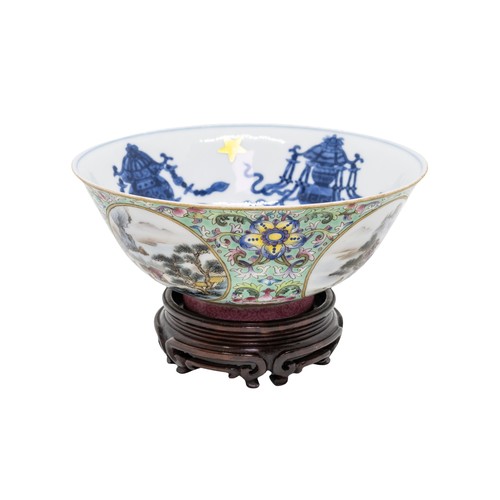 124 - A LIME-GREEN GROUND FAMILLE ROSE AND UNDERGLAZE-BLUE 'MEDALLION' BOWL DAOGUANG MARK, 20TH CENTURYwit... 