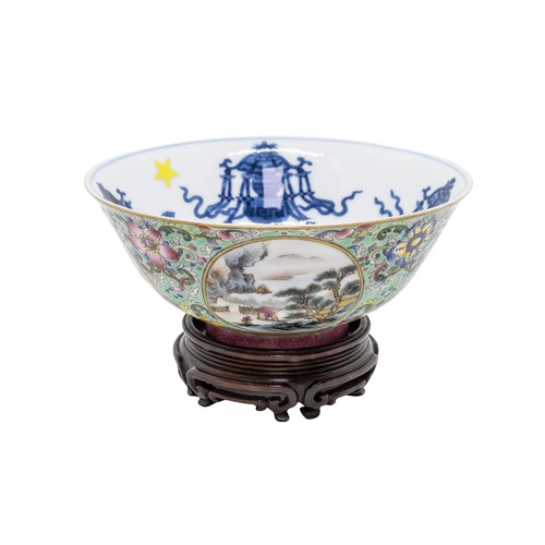 124 - A LIME-GREEN GROUND FAMILLE ROSE AND UNDERGLAZE-BLUE 'MEDALLION' BOWL DAOGUANG MARK, 20TH CENTURYwit... 
