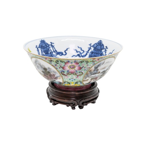 124 - A LIME-GREEN GROUND FAMILLE ROSE AND UNDERGLAZE-BLUE 'MEDALLION' BOWL DAOGUANG MARK, 20TH CENTURYwit... 