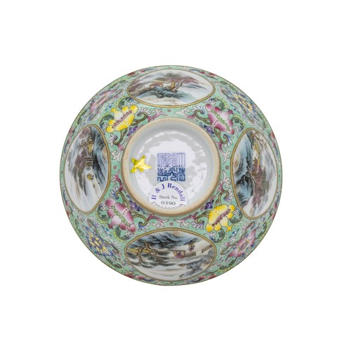 124 - A LIME-GREEN GROUND FAMILLE ROSE AND UNDERGLAZE-BLUE 'MEDALLION' BOWL DAOGUANG MARK, 20TH CENTURYwit... 