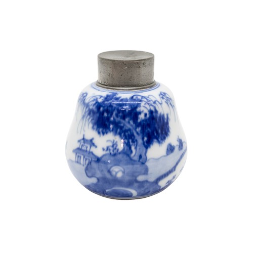 65 - A BLUE AND WHITE PEWTER MOUNTED TEA CANISTER KANGXI PERIODpainted with a continuous landscape scene8... 