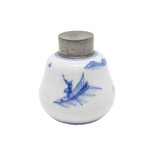 65 - A BLUE AND WHITE PEWTER MOUNTED TEA CANISTER KANGXI PERIODpainted with a continuous landscape scene8... 