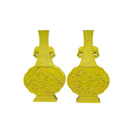 30 - A PAIR OF YELLOW MONOCHROME MOULDED 'MANDARIN-DUCK' VASES IMPRESSED QIANLONG SEAL MARKS, 20TH / 21ST... 