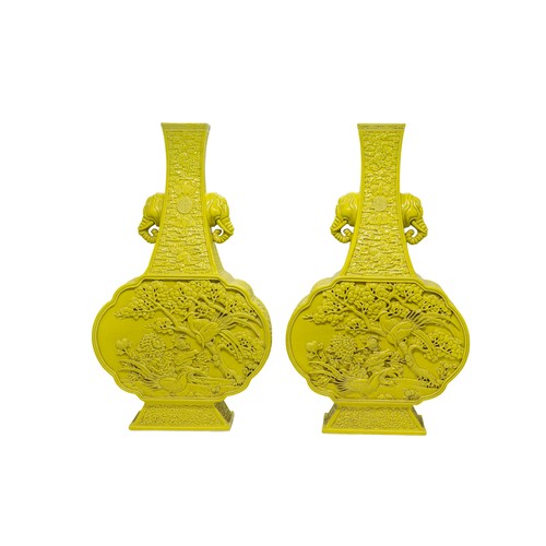 30 - A PAIR OF YELLOW MONOCHROME MOULDED 'MANDARIN-DUCK' VASES IMPRESSED QIANLONG SEAL MARKS, 20TH / 21ST... 