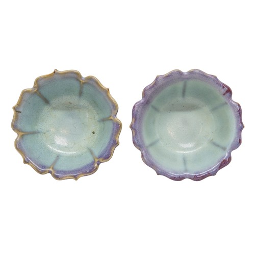 37 - A PAIR OF FLAMBÉ-GLAZED 'LOTUS-PETAL' STEM CUPSQING DYNASTY, 19TH CENTURY11.2cm diameterPROVENANCE: ... 