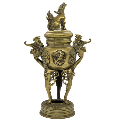 5 - A LARGE CHINESE BRONZE TRIPOD CENSER AND COVERLATE QING DYNASTY39cm high; together with A CAST BRONZ... 