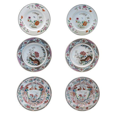 172 - THREE PAIRS OF CHINESE EXPORT FAMILLE ROSE DISHESQIANLONG PERIOD, 18TH CENTURY Largest 23cm diameter... 