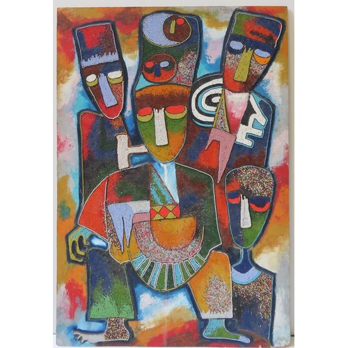 460 - JIMOH BURAIMOH (Nigerian, b.1943) UNTITLED OIL ON BOARD/BEAD WORK (1974)depicting four figuressigned... 