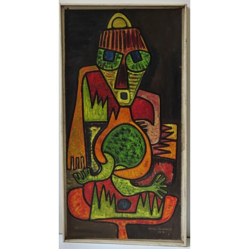 462 - RUFUS OGUNDELE (1946-1996) UNTITLED FULL LENGTH PORTRAIT OIL ON BOARD (1974)signed and dated in lowe... 