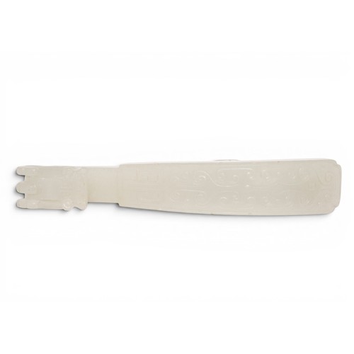 3 - A FINE CHINESE JADE ARCHAIC-STYLE BELT BUCKLE CARVED WITH SCROLLSQIANLONG, 1736-1795清乾隆 白玉龙带钩ruyi-he... 