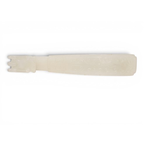 3 - A FINE CHINESE JADE ARCHAIC-STYLE BELT BUCKLE CARVED WITH SCROLLSQIANLONG, 1736-1795清乾隆 白玉龙带钩ruyi-he... 