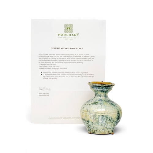 29 - A FINE CHINESE GREEN AND AMBER-GLAZED SMALL POTTERY JARHAN DYNASTY (206 BCE TO 220 CE)汉 绿釉陶罐of archa... 