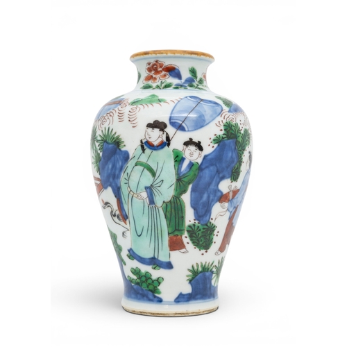 43 - A FINE SMALL CHINESE PORCELAIN WUCAI BALUSTER VASESHUNZHI (1644-1661)清顺治 五彩高仕人物瓶painted with a schol... 