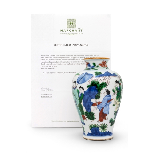 43 - A FINE SMALL CHINESE PORCELAIN WUCAI BALUSTER VASESHUNZHI (1644-1661)清顺治 五彩高仕人物瓶painted with a schol... 