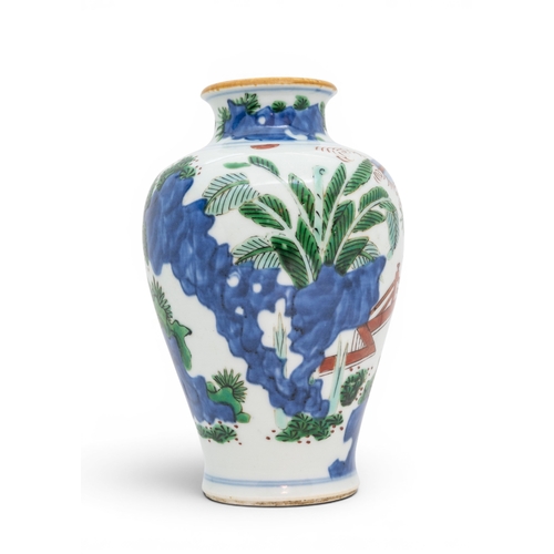 43 - A FINE SMALL CHINESE PORCELAIN WUCAI BALUSTER VASESHUNZHI (1644-1661)清顺治 五彩高仕人物瓶painted with a schol... 