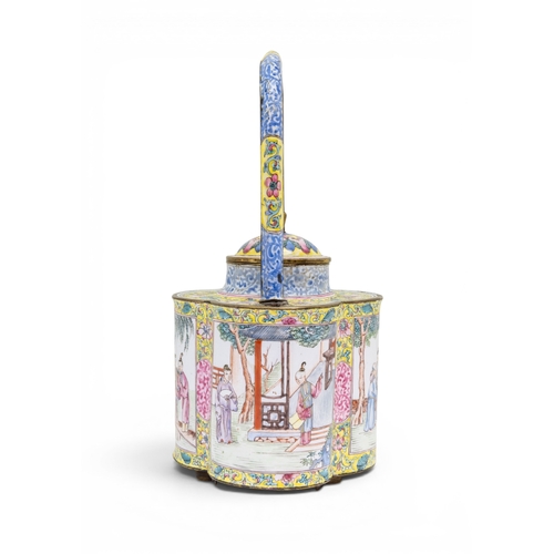 54 - A FINE CHINESE CANTON ENAMEL FAMILLE ROSE LOBED TEAPOT WITH UPRIGHT HANDLEEARLY QIANLONG, CIRCA 1740... 