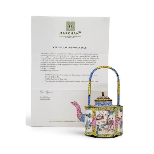 54 - A FINE CHINESE CANTON ENAMEL FAMILLE ROSE LOBED TEAPOT WITH UPRIGHT HANDLEEARLY QIANLONG, CIRCA 1740... 